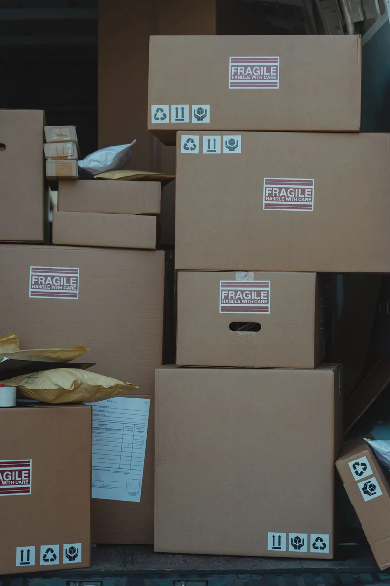 Cardboard cartons prepared for shipping.